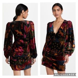 FARM Rio Velvet Mini Dress in Black with Pink, Green, Gold and Blue Floral Print